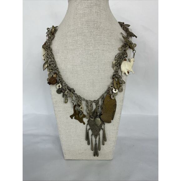 VTG VINTAGE SILVER TONE MEXICAN FETISH CHARM NECKLACE 19 IN - Picture 5 of 7